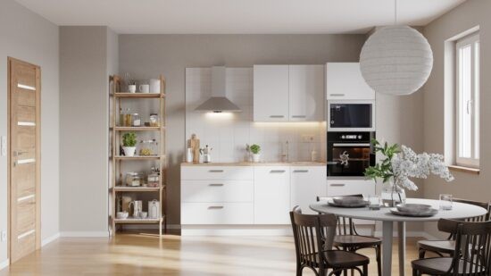 Kuchynská linka Naturel 240 cm lesk biela so spotrebičmi Beko EASYBLOK18B