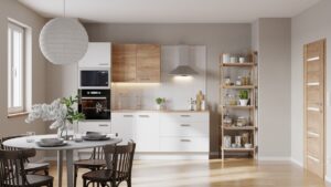 Kuchynská linka Naturel 240 cm lesk biela/dub so spotrebičmi Beko EASYBLOK19B